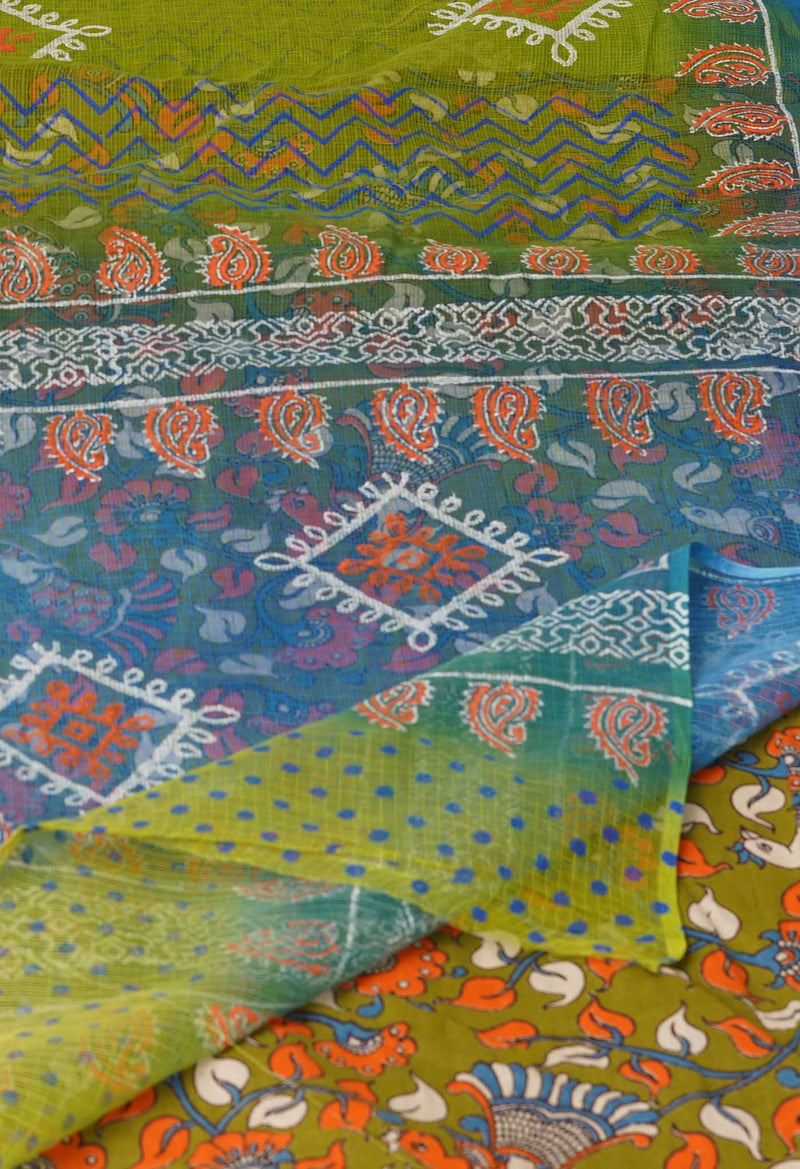 Green Pure  Block Printed Kota Cotton Saree With Kalamkari Blouse Piece-UNM69845