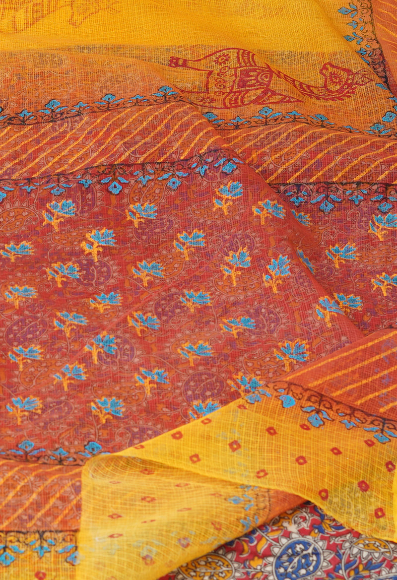 Yellow Pure  Block Printed Kota Cotton Saree With Kalamkari Blouse Piece-UNM69847