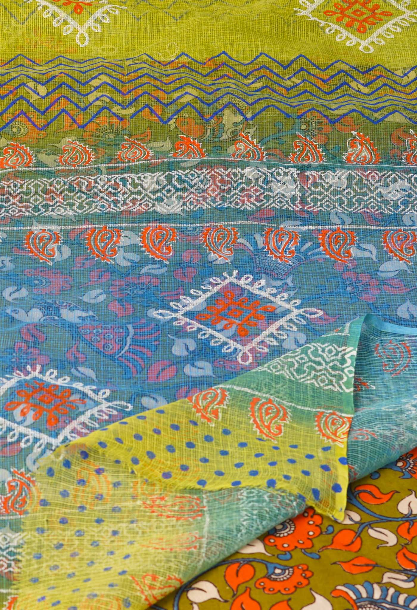 Green Pure  Block Printed Kota Cotton Saree With Kalamkari Blouse Piece-UNM69848