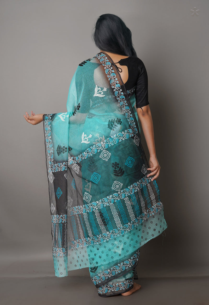 Turquoise Blue Pure  Block Printed Kota Cotton Saree With Kalamkari Blouse Piece-UNM69850