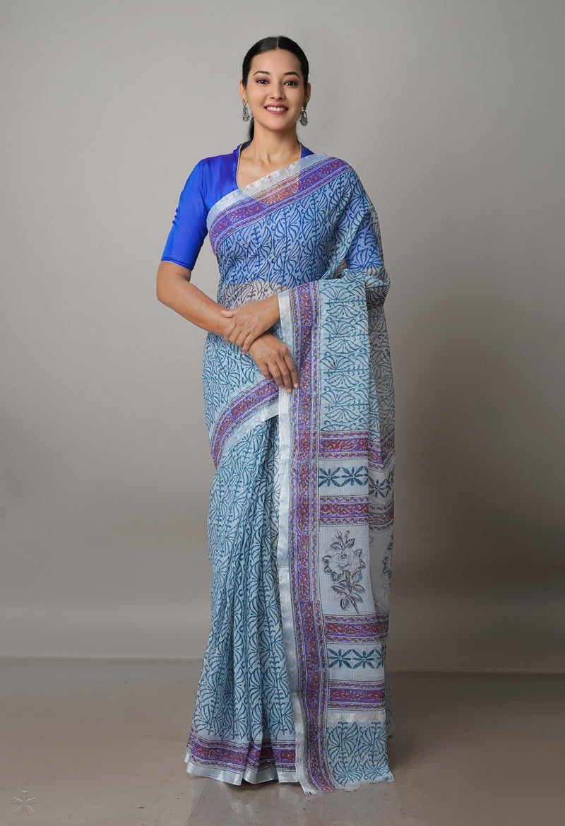 Pale Grey Pure  Block Printed Kota Cotton Saree-UNM69856