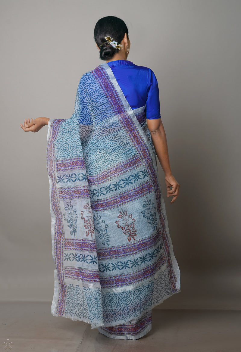 Pale Grey Pure  Block Printed Kota Cotton Saree-UNM69856
