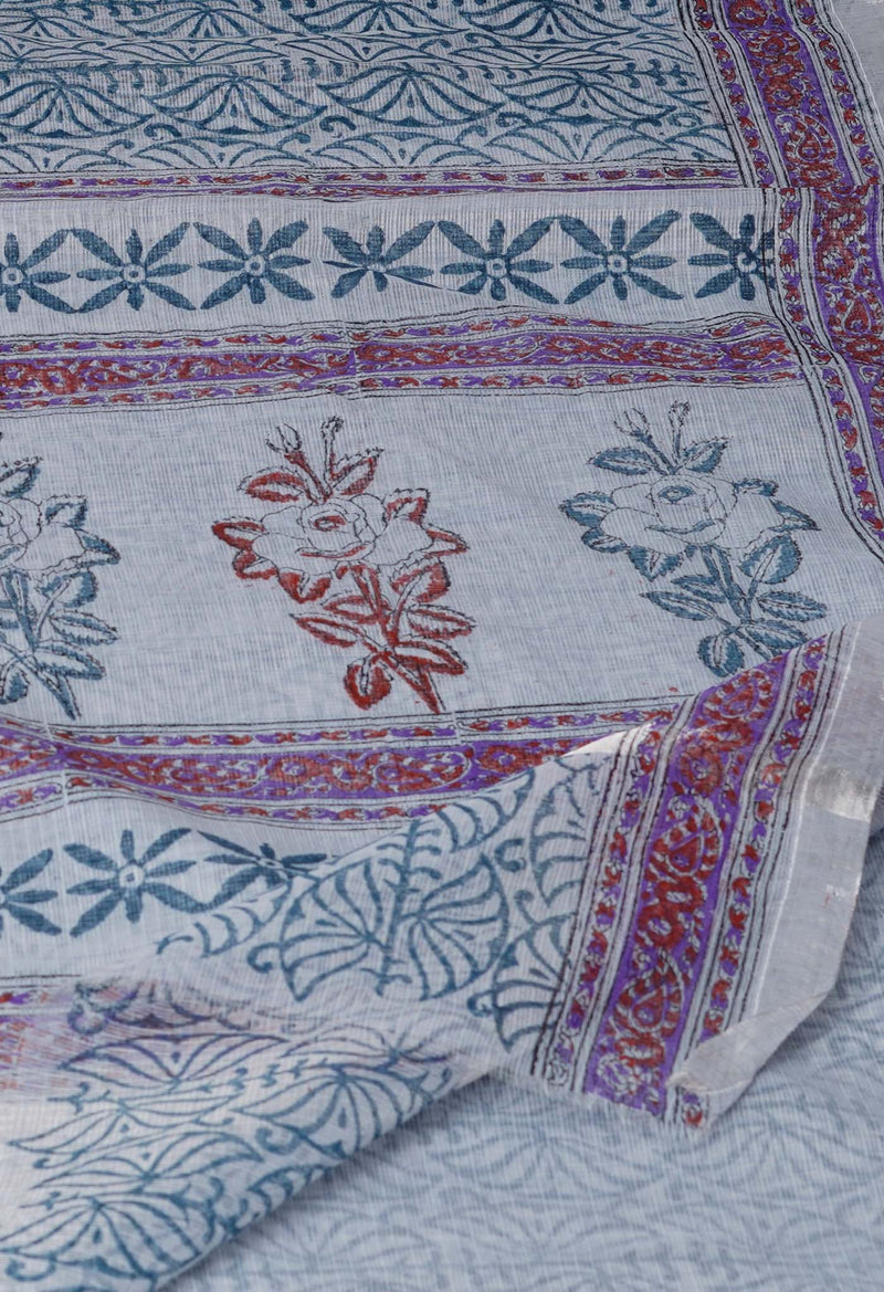 Pale Grey Pure  Block Printed Kota Cotton Saree-UNM69856