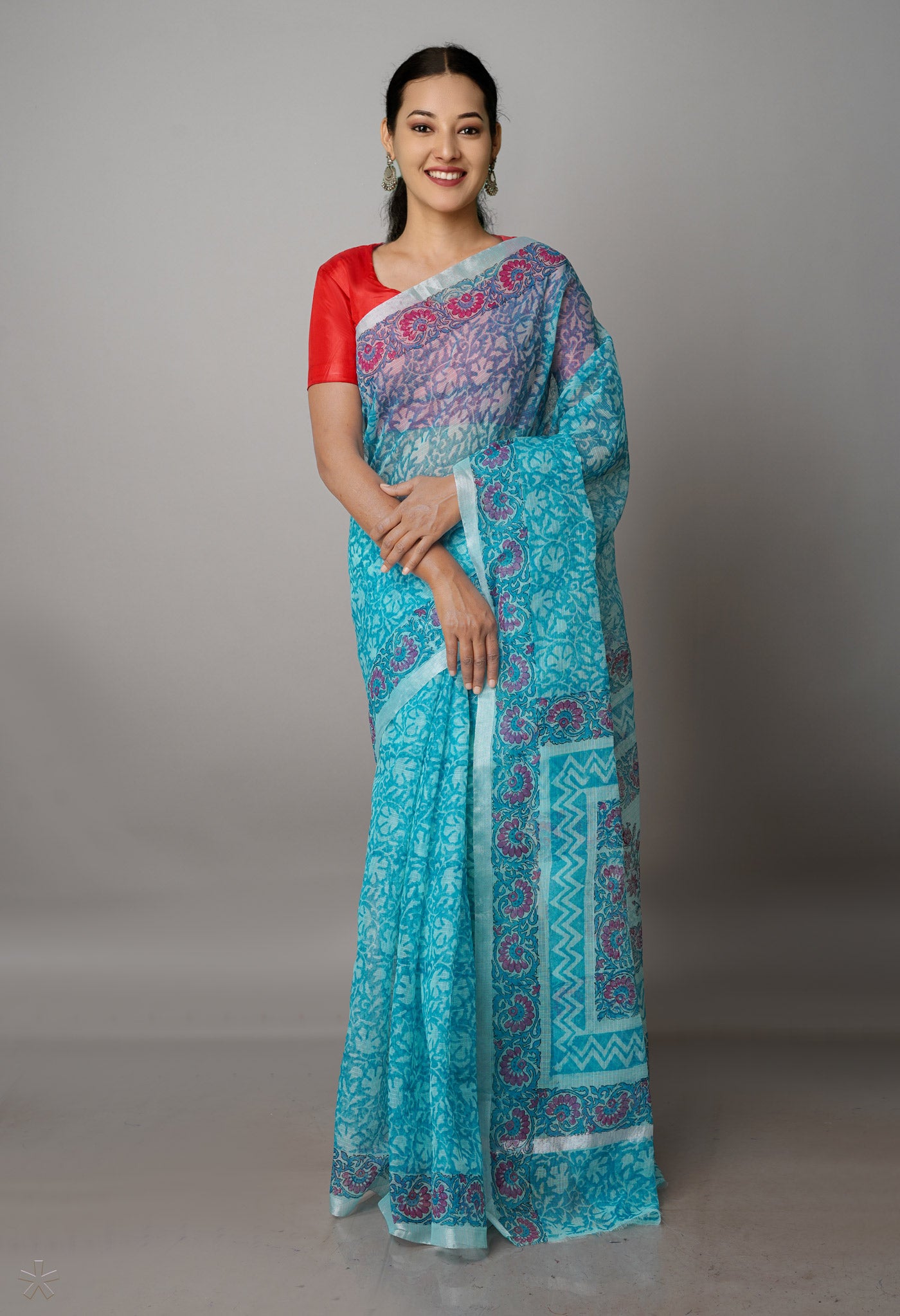 Peacock Blue Pure  Block Printed Kota Cotton Saree-UNM69857