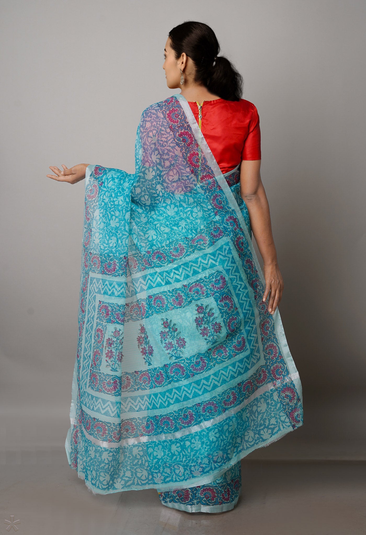 Peacock Blue Pure  Block Printed Kota Cotton Saree-UNM69857