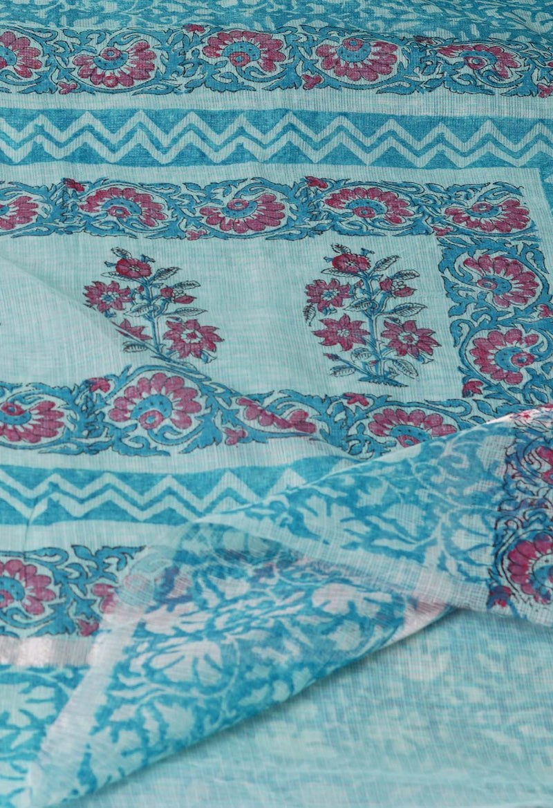 Peacock Blue Pure  Block Printed Kota Cotton Saree-UNM69857