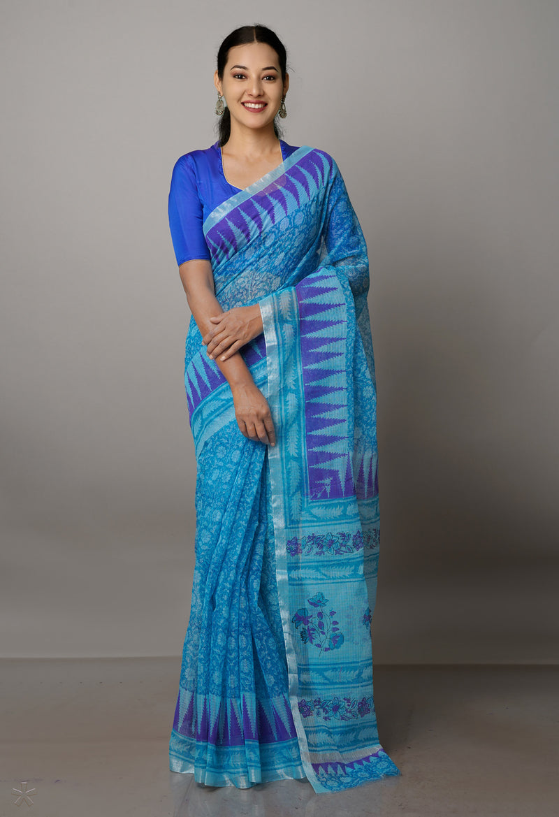 Blue Pure  Block Printed Kota Cotton Saree-UNM69858