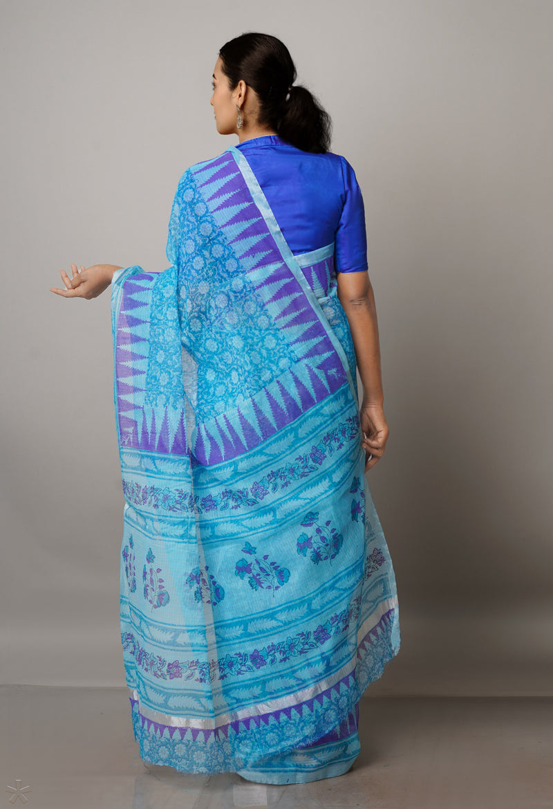 Blue Pure  Block Printed Kota Cotton Saree-UNM69858