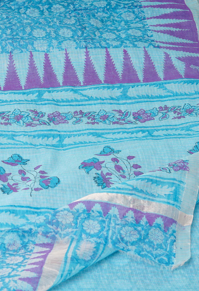 Blue Pure  Block Printed Kota Cotton Saree-UNM69858
