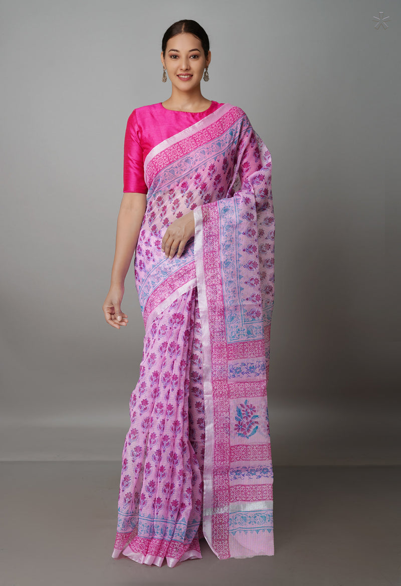 Baby Pink Pure  Block Printed Kota Cotton Saree-UNM69859
