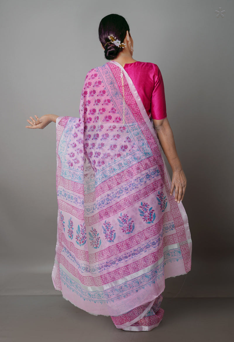 Baby Pink Pure  Block Printed Kota Cotton Saree-UNM69859