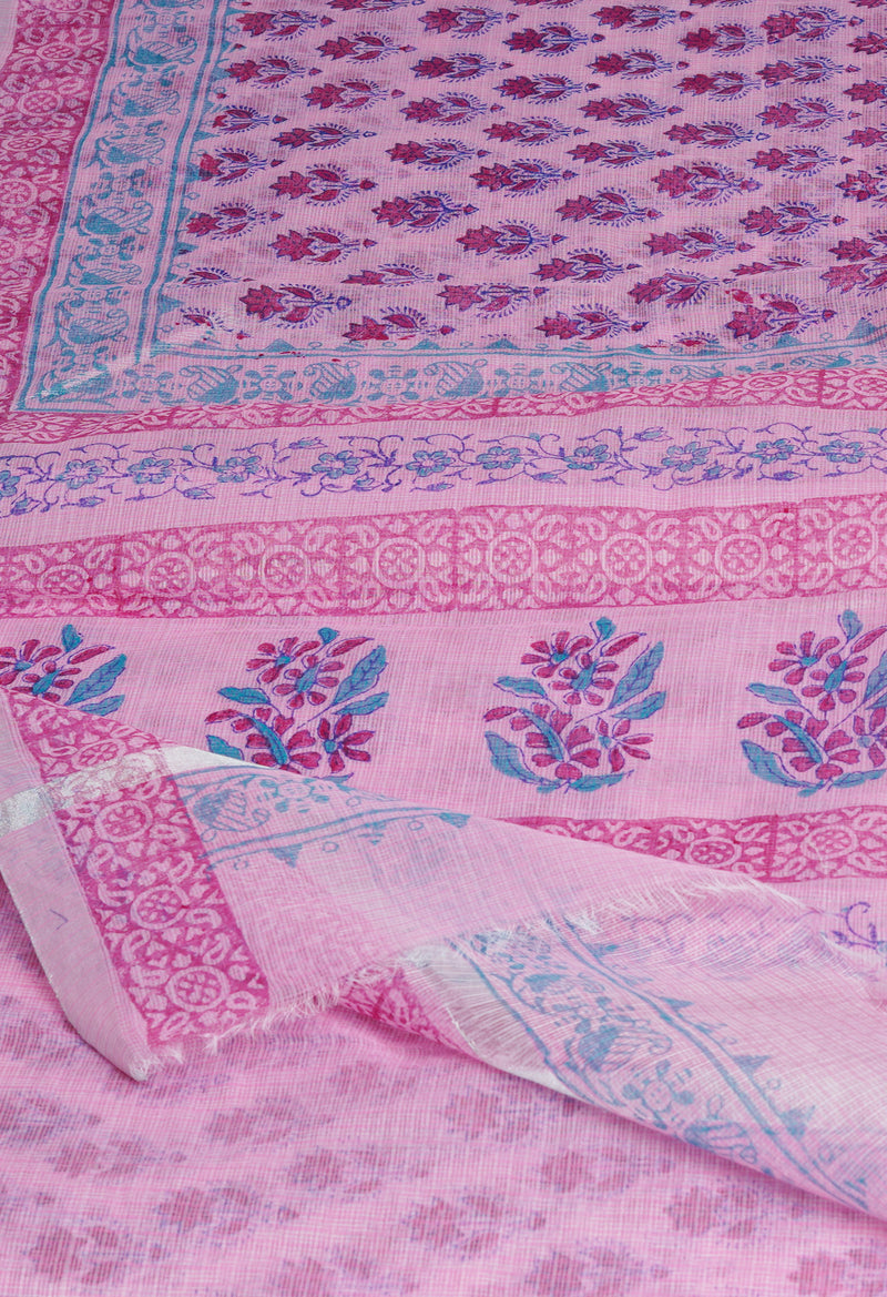 Baby Pink Pure  Block Printed Kota Cotton Saree-UNM69859