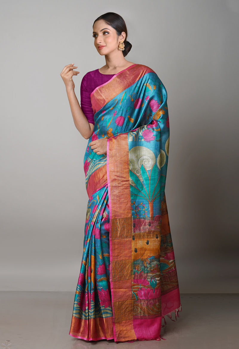 Teal Blue Pure Handloom Bengal Tussar Kalamkari Printed Silk Saree-UNM69862