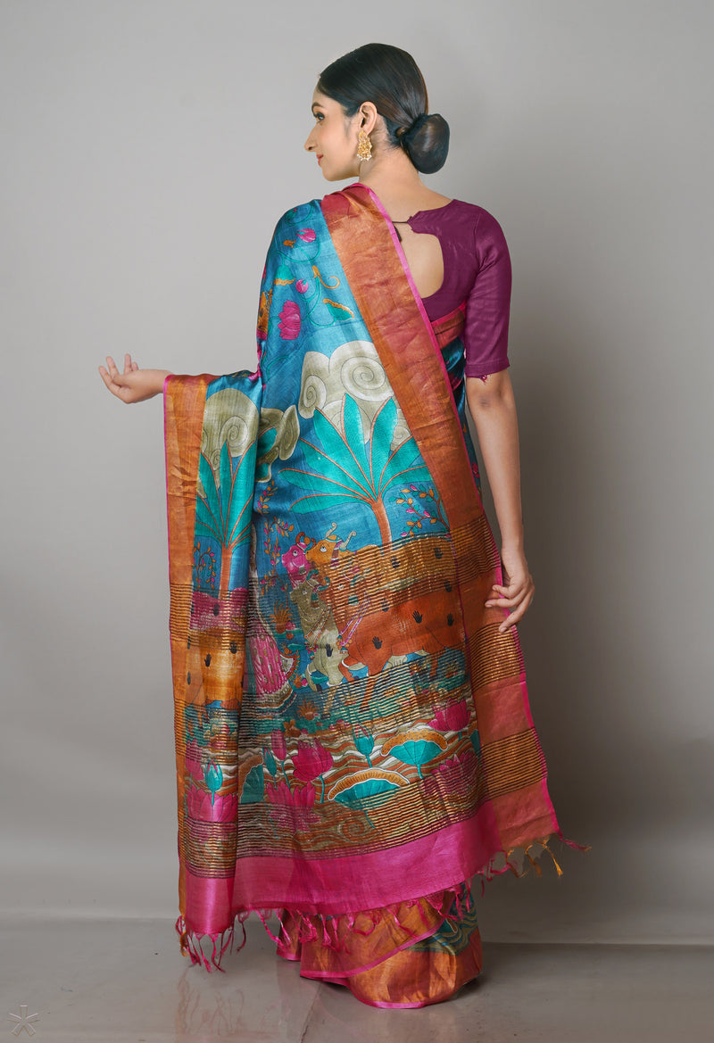 Teal Blue Pure Handloom Bengal Tussar Kalamkari Printed Silk Saree-UNM69862