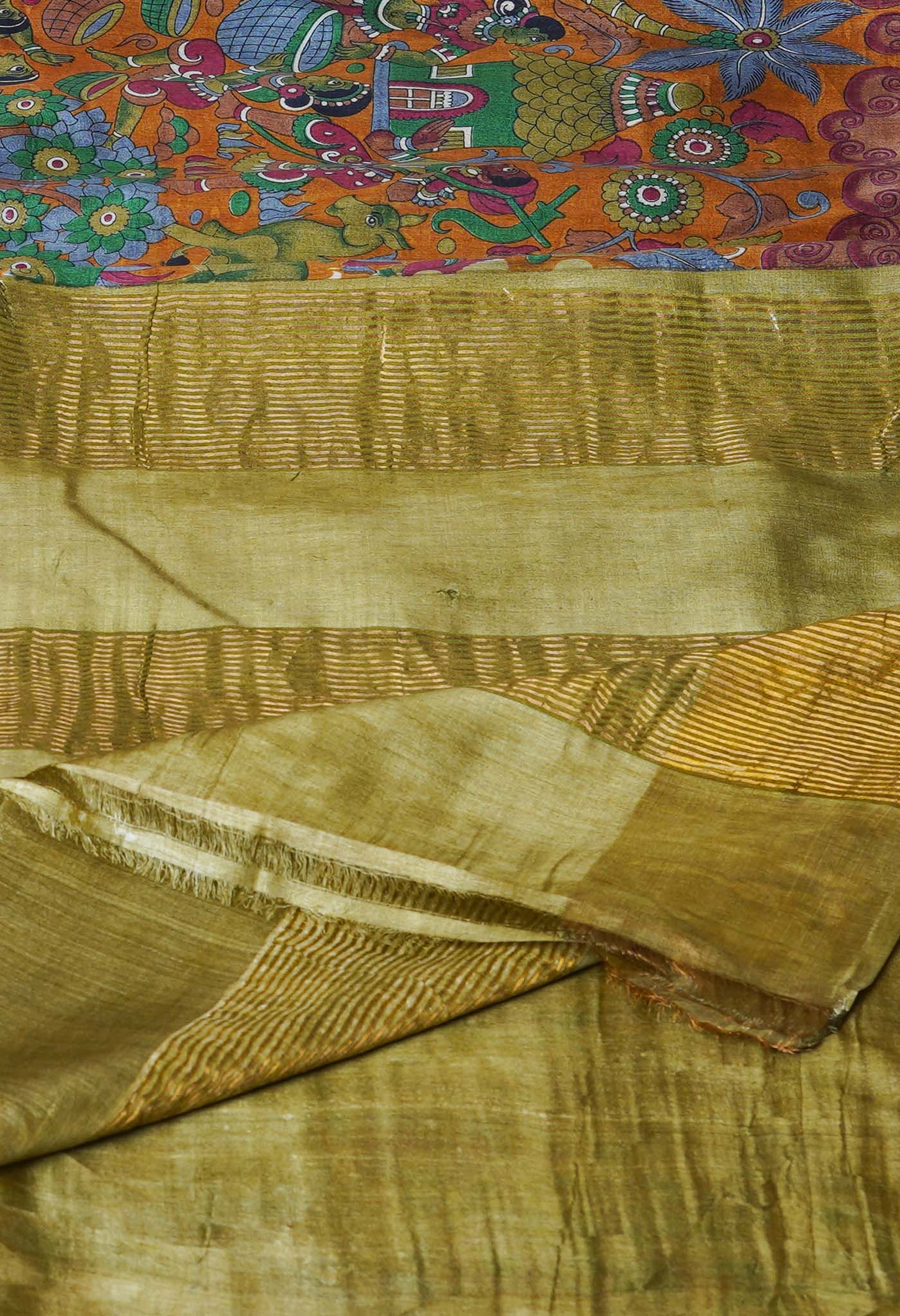 Mustard Yellow Pure Handloom Bengal Tussar Kalamkari Printed Silk Saree-UNM69863
