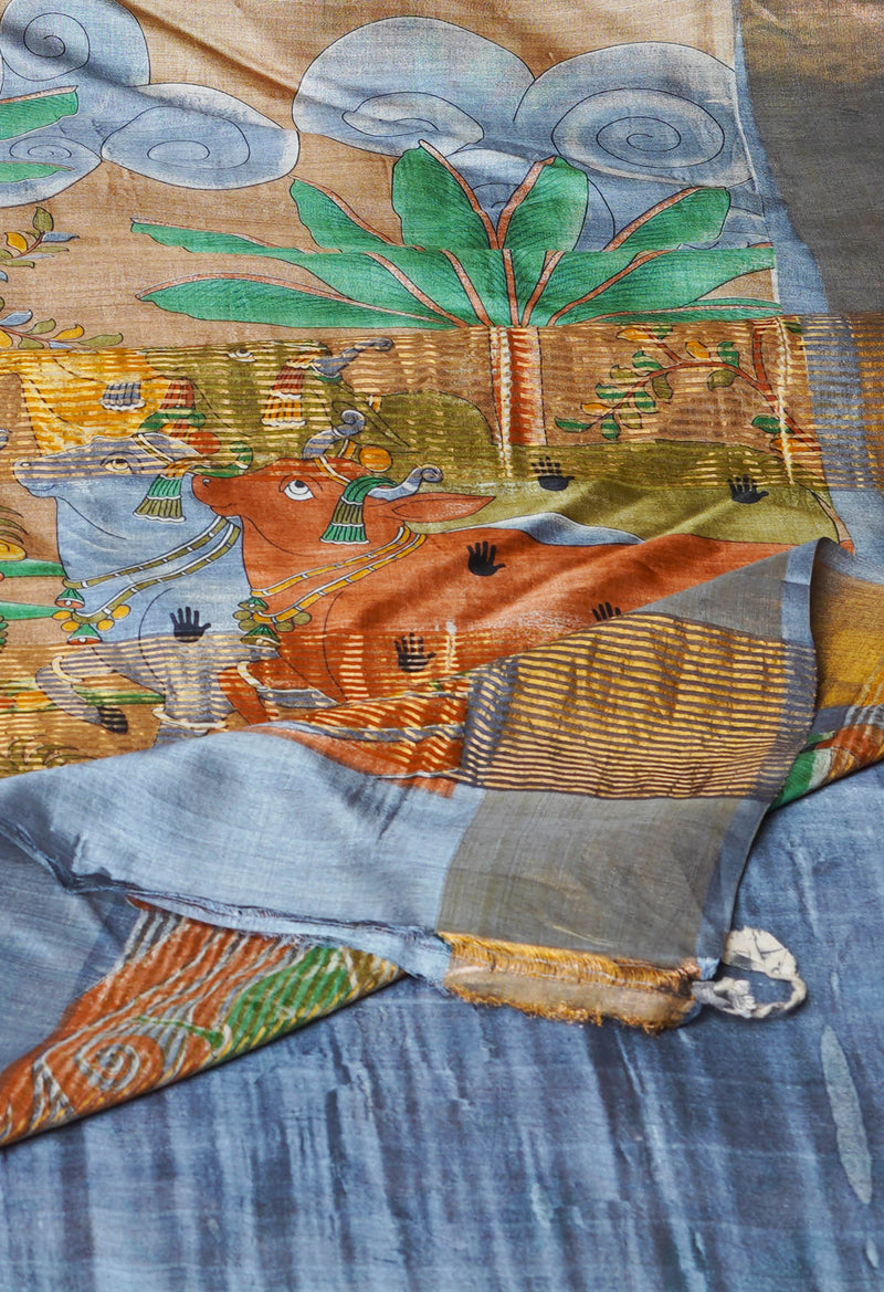 Light Brown Pure Handloom Bengal Tussar Kalamkari Printed Silk Saree-UNM69865