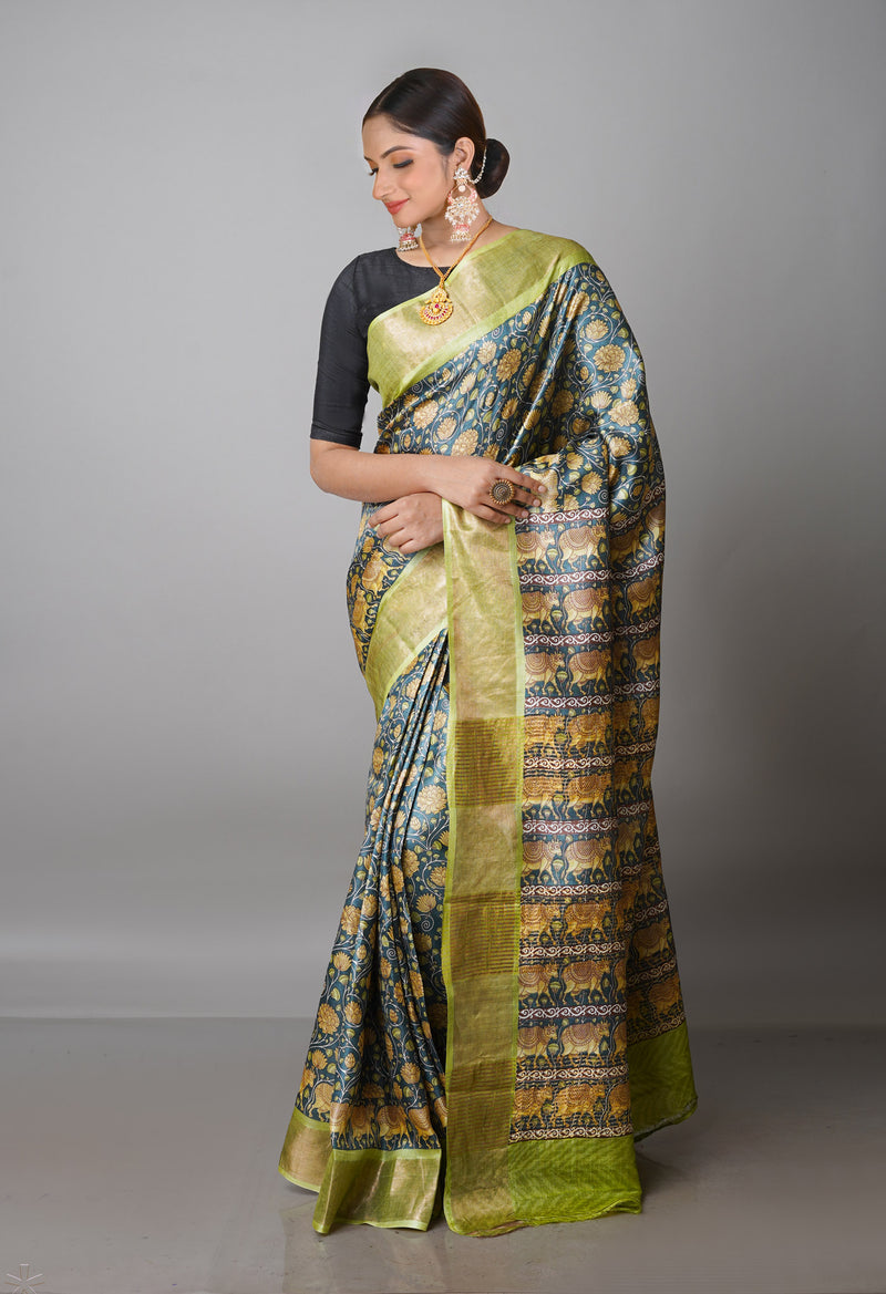 Pewter Grey  Pure Handloom Bengal Tussar Kalamkari Printed Silk Saree-UNM69867