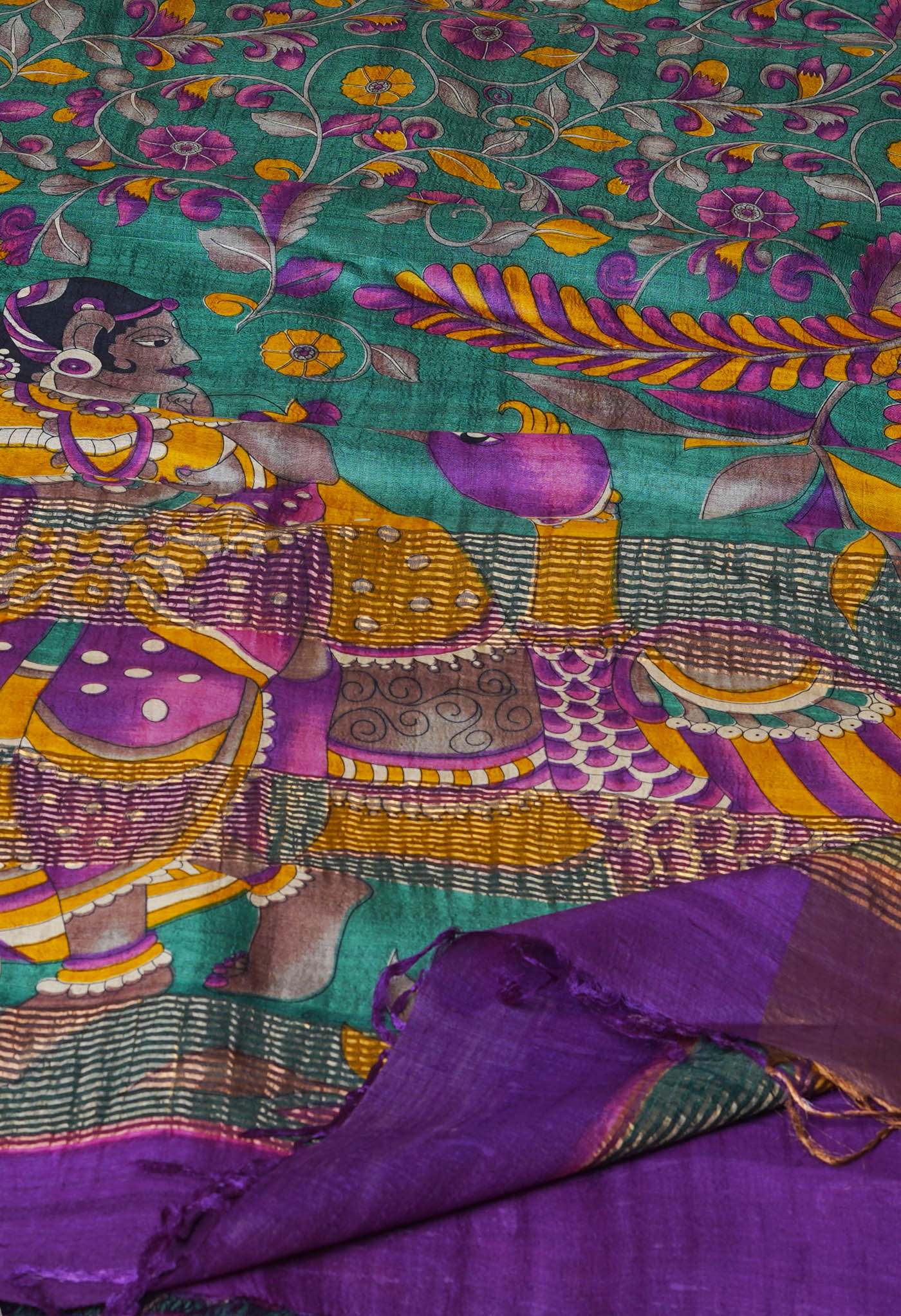Teal Green Pure Handloom Bengal Tussar Kalamkari Printed Silk Saree-UNM69868