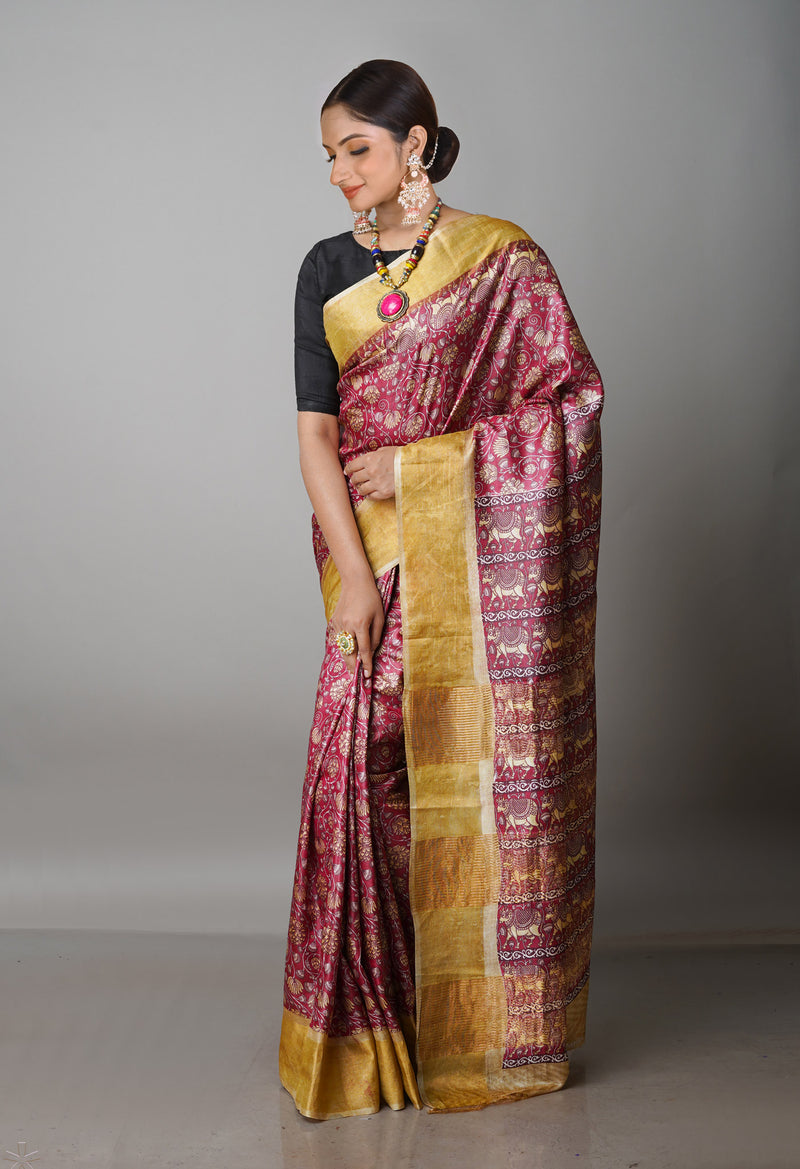 Burgundy Pure Handloom Bengal Tussar Kalamkari Printed Silk Saree-UNM69869