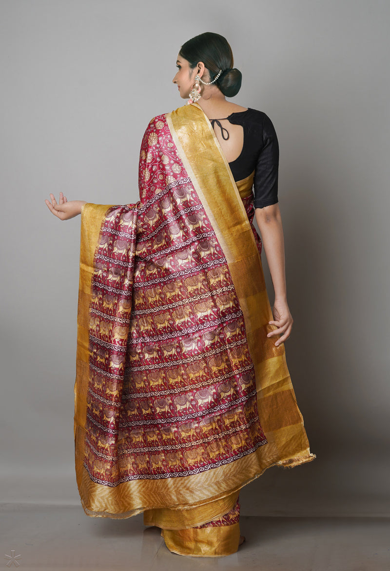 Burgundy Pure Handloom Bengal Tussar Kalamkari Printed Silk Saree-UNM69869