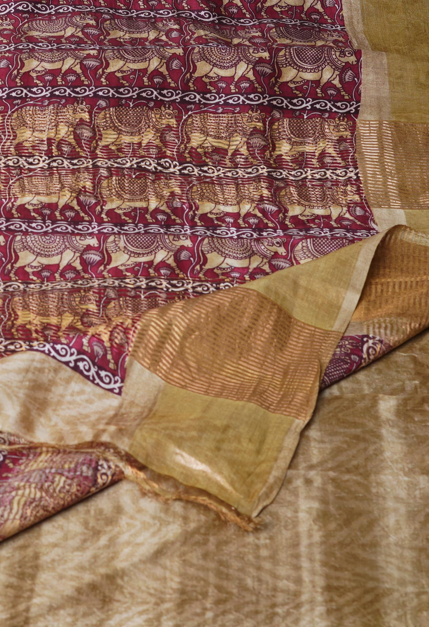 Burgundy Pure Handloom Bengal Tussar Kalamkari Printed Silk Saree-UNM69869