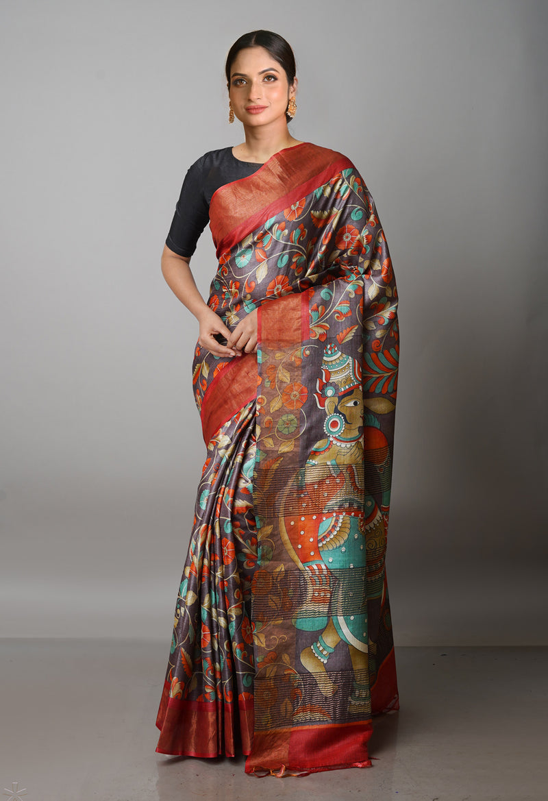 Pale Voilet Pure Handloom Bengal Tussar Kalamkari Printed Silk Saree-UNM69871