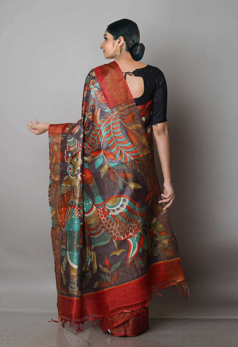 Pale Voilet Pure Handloom Bengal Tussar Kalamkari Printed Silk Saree-UNM69871