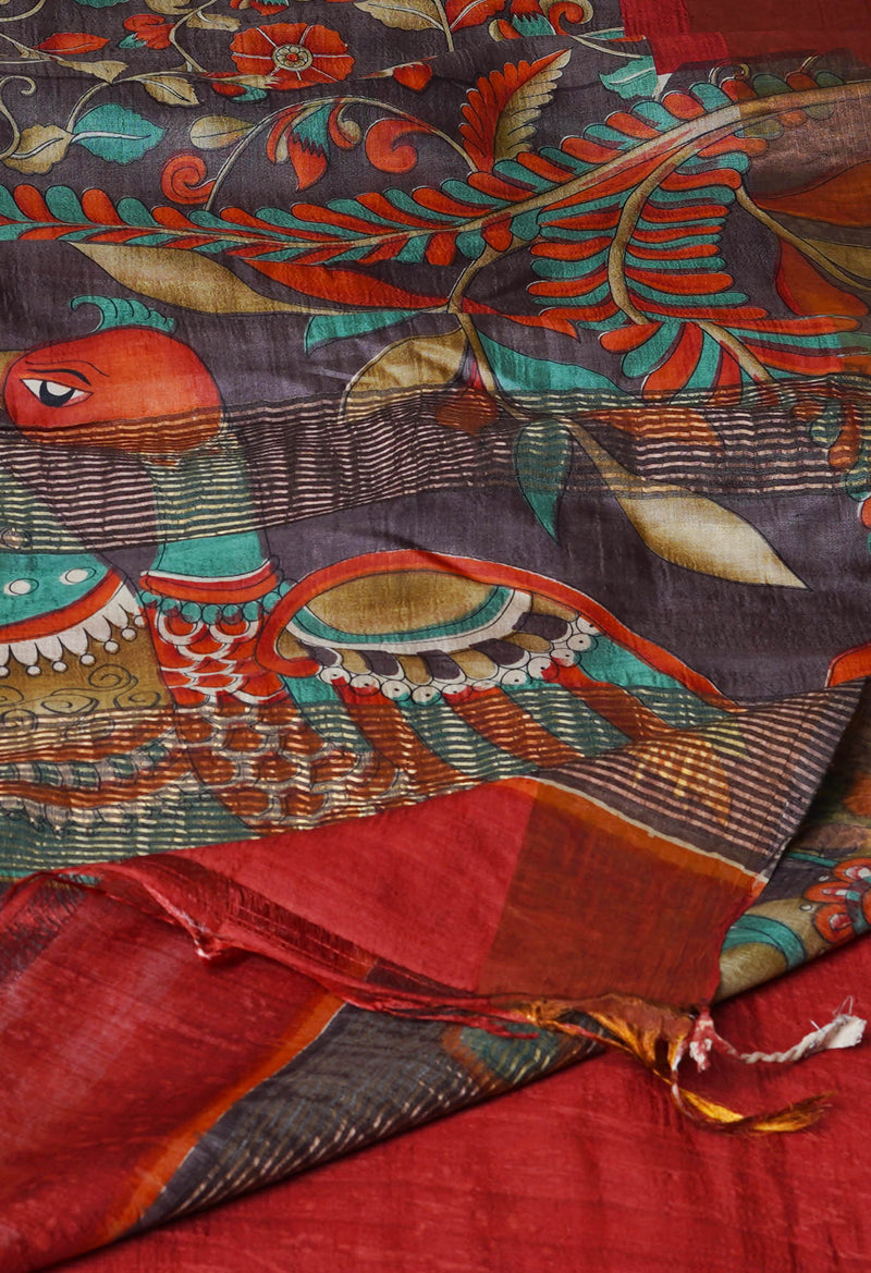 Pale Voilet Pure Handloom Bengal Tussar Kalamkari Printed Silk Saree-UNM69871