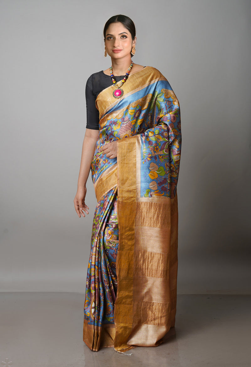 Blue Pure Handloom Bengal Tussar Kalamkari Printed Silk Saree-UNM69873