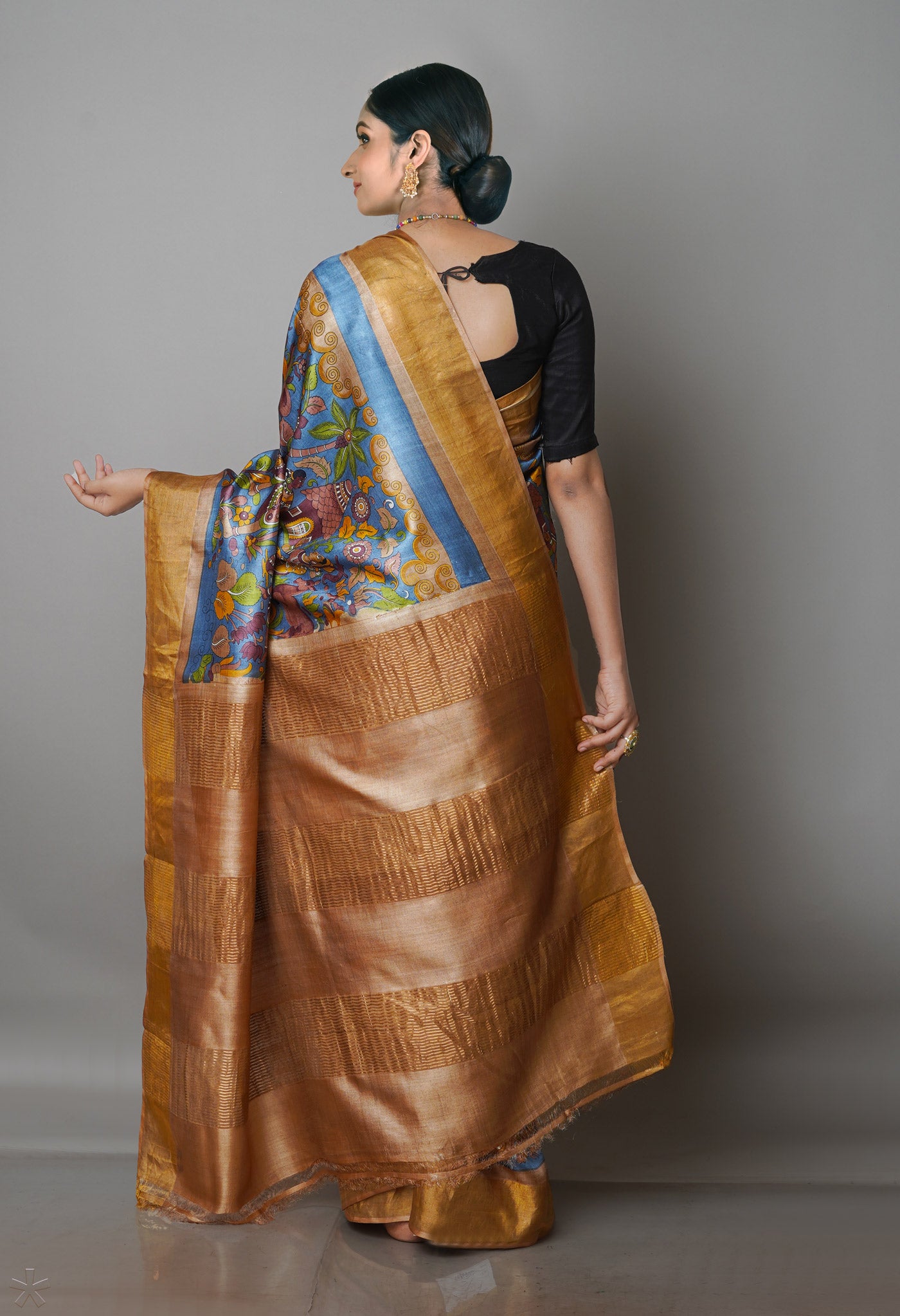 Blue Pure Handloom Bengal Tussar Kalamkari Printed Silk Saree-UNM69873
