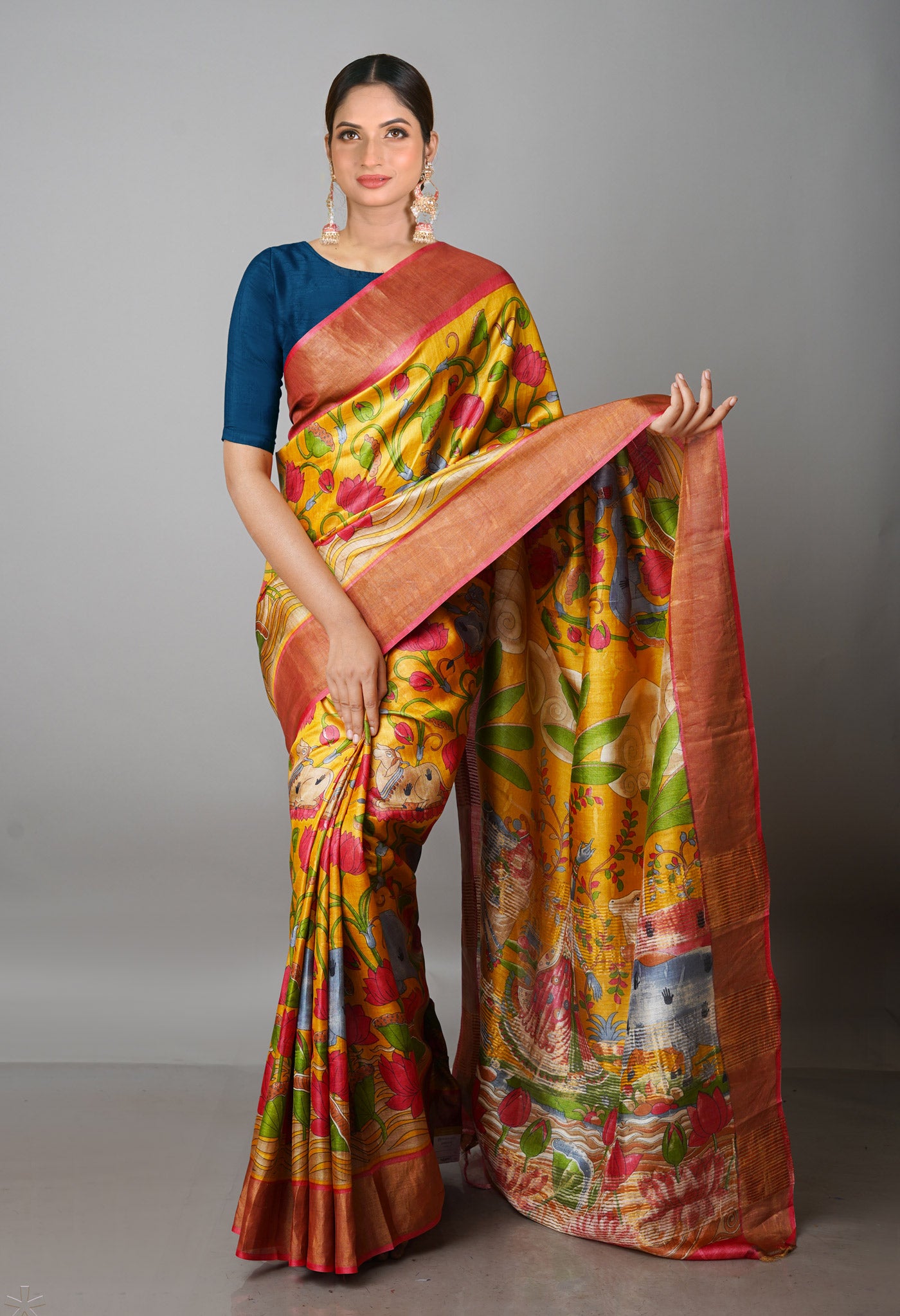 Mustard Yellow Pure Handloom Bengal Tussar Kalamkari Printed Silk Saree-UNM69874