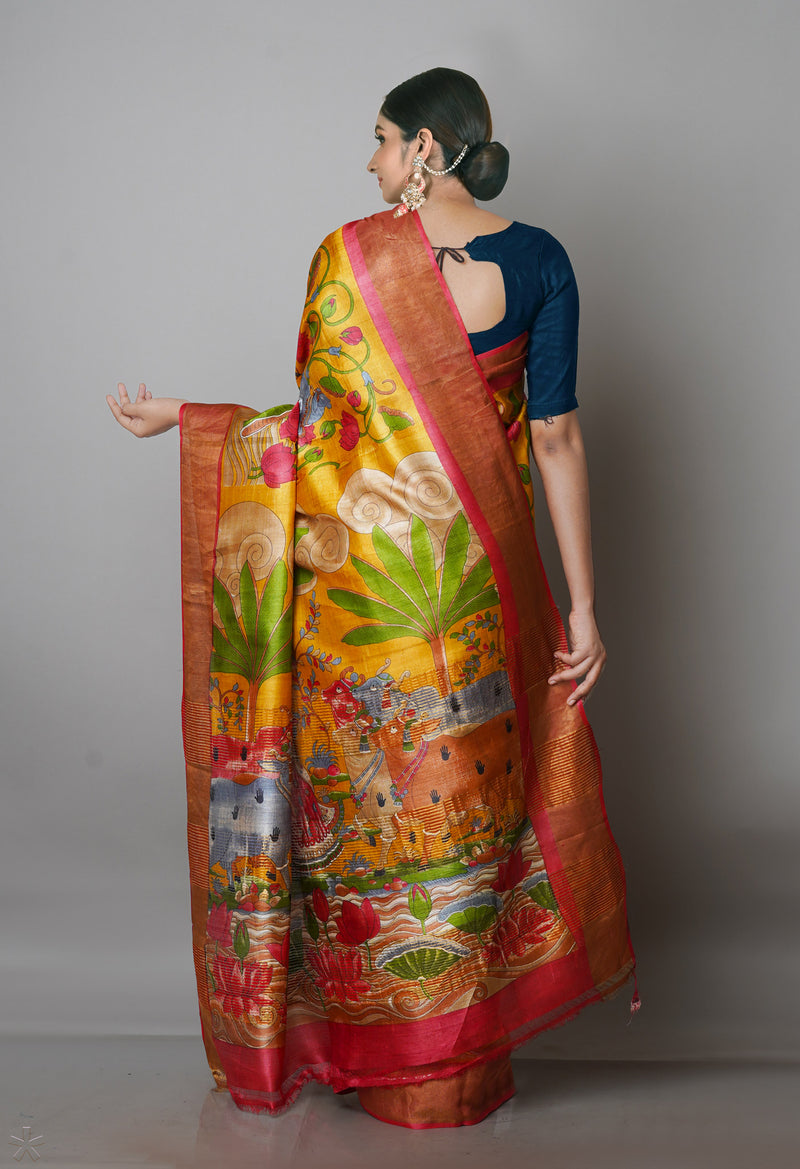 Mustard Yellow Pure Handloom Bengal Tussar Kalamkari Printed Silk Saree-UNM69874