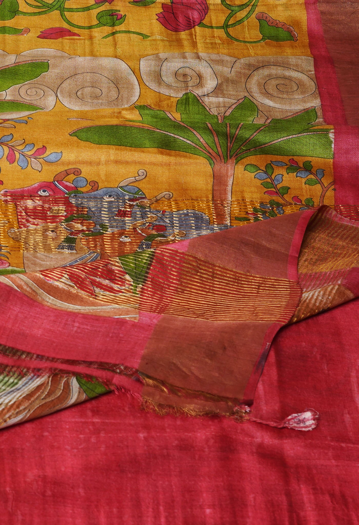 Mustard Yellow Pure Handloom Bengal Tussar Kalamkari Printed Silk Saree-UNM69874