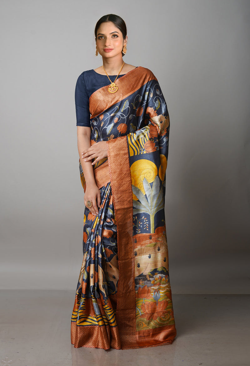 Pewter Grey  Pure Handloom Bengal Tussar Kalamkari Printed Silk Saree-UNM69875