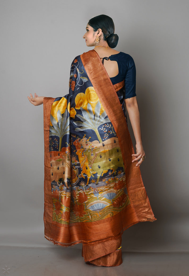 Pewter Grey  Pure Handloom Bengal Tussar Kalamkari Printed Silk Saree-UNM69875