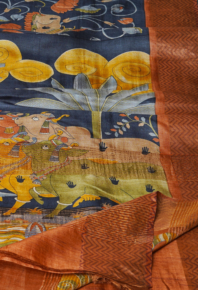 Pewter Grey  Pure Handloom Bengal Tussar Kalamkari Printed Silk Saree-UNM69875