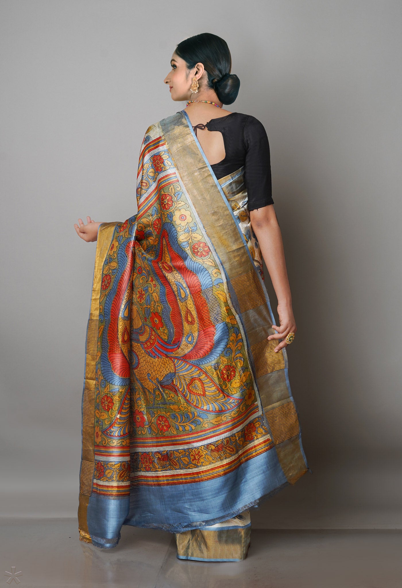 Beige Pure Handloom Bengal Tussar Kalamkari Printed Silk Saree-UNM69876