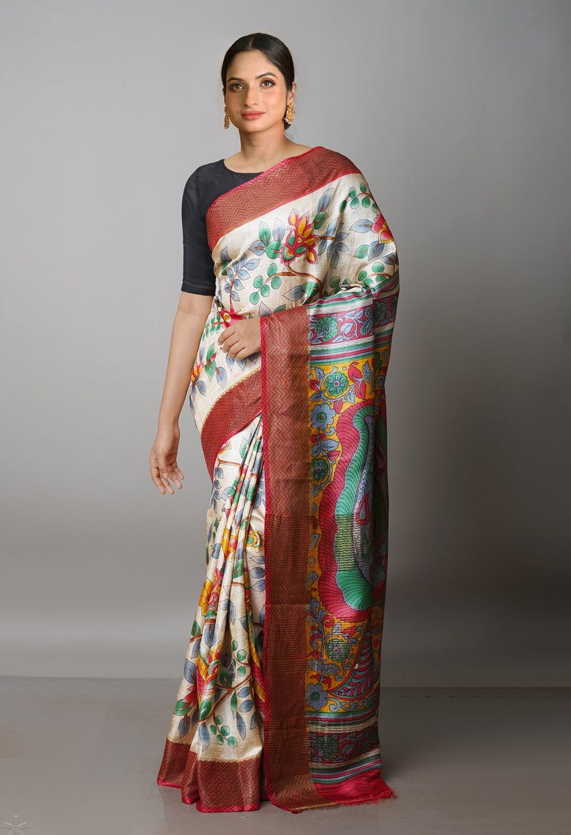 Beige Pure Handloom Bengal Tussar Kalamkari Printed Silk Saree-UNM69877
