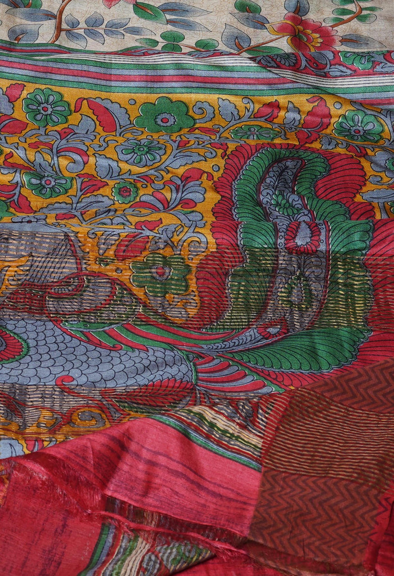Beige Pure Handloom Bengal Tussar Kalamkari Printed Silk Saree-UNM69877