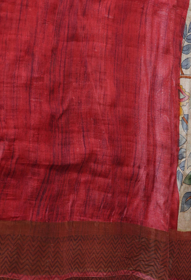 Beige Pure Handloom Bengal Tussar Kalamkari Printed Silk Saree-UNM69877