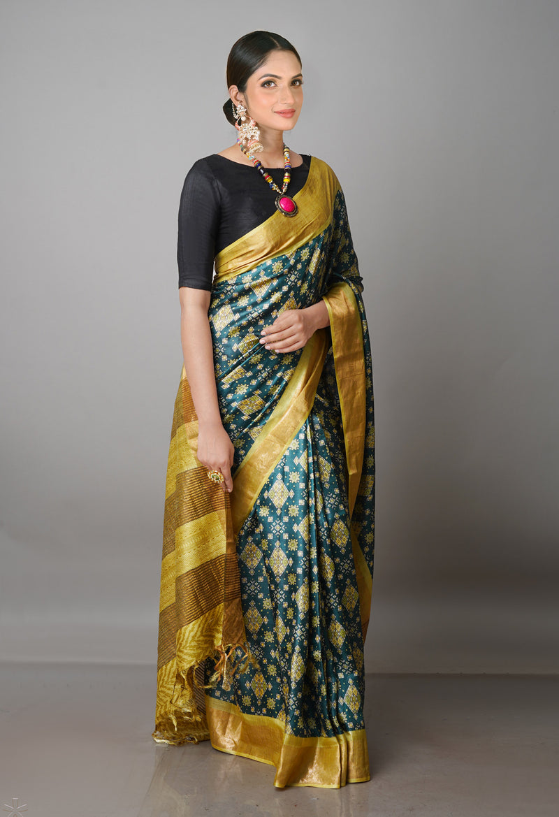 Dark Green Pure Handloom Bengal Tussar Kalamkari Printed Silk Saree-UNM69878