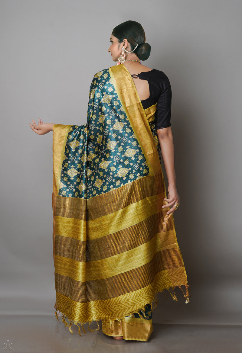 Dark Green Pure Handloom Bengal Tussar Kalamkari Printed Silk Saree-UNM69878