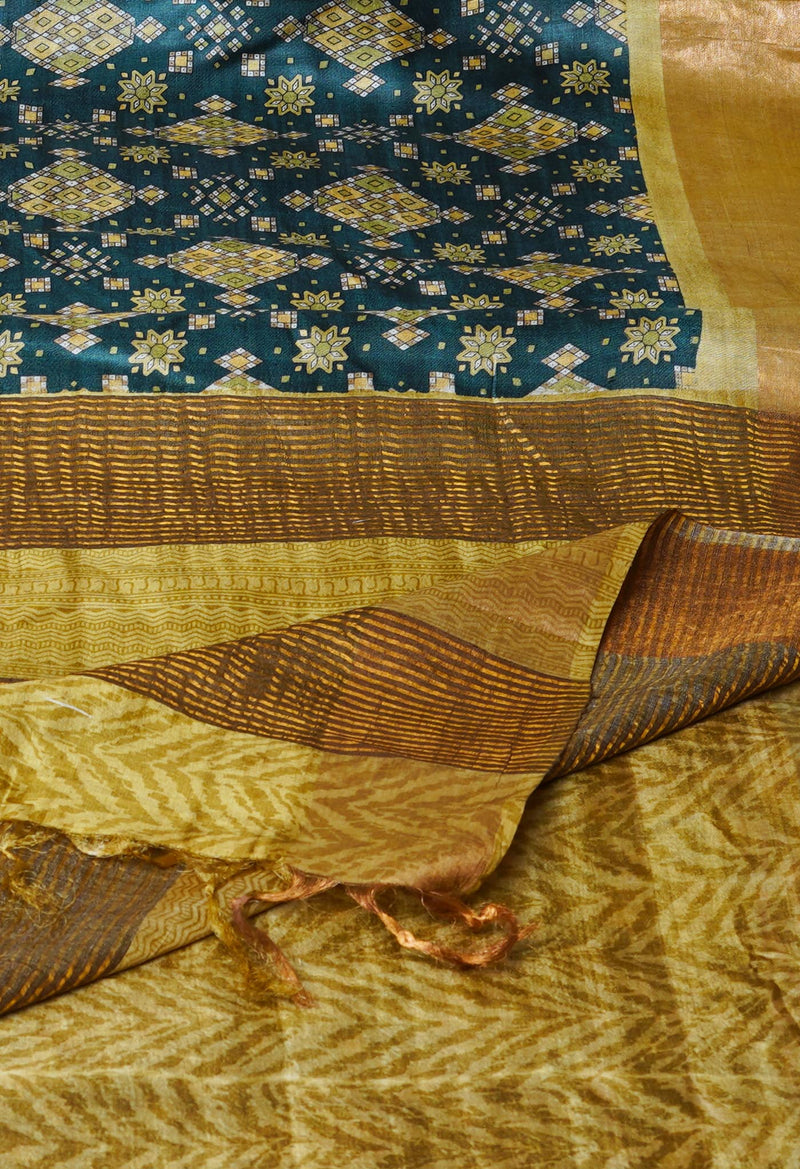 Dark Green Pure Handloom Bengal Tussar Kalamkari Printed Silk Saree-UNM69878