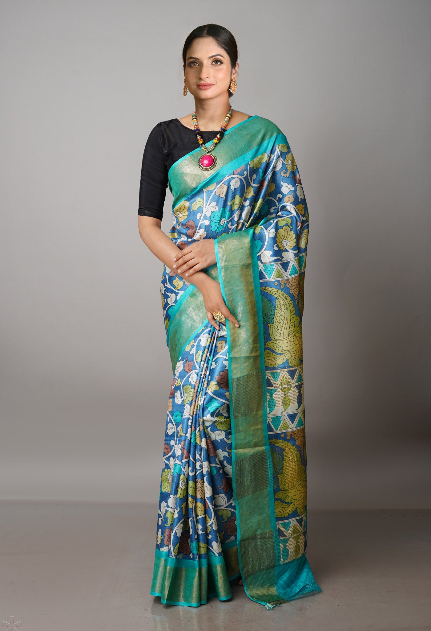 Blue Pure Handloom Bengal Tussar Kalamkari Printed Silk Saree-UNM69879