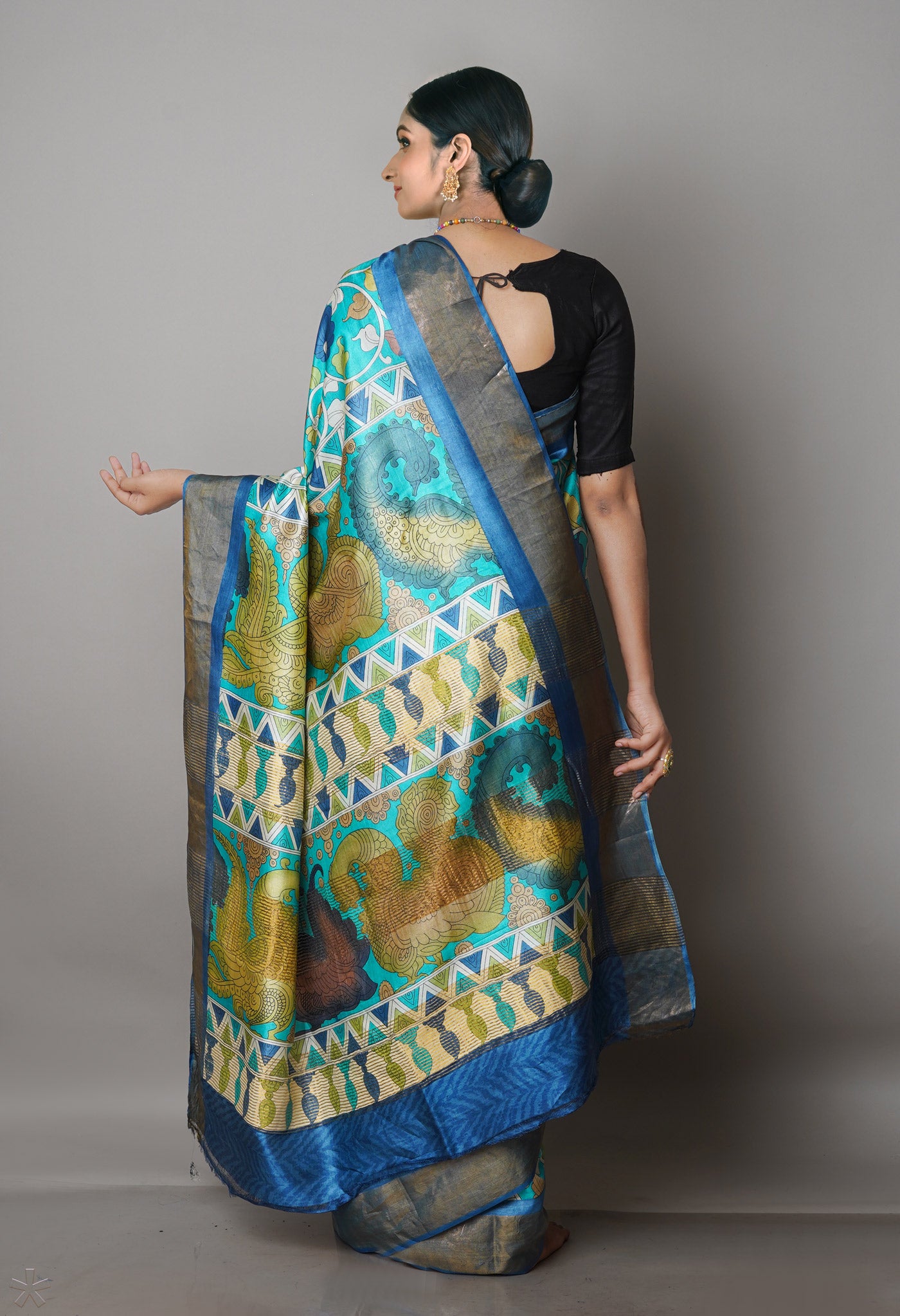Turquoise Blue Pure Handloom Bengal Tussar Kalamkari Printed Silk Saree-UNM69880