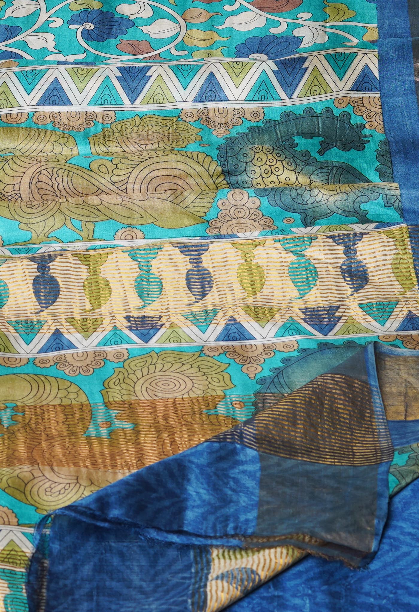 Turquoise Blue Pure Handloom Bengal Tussar Kalamkari Printed Silk Saree-UNM69880