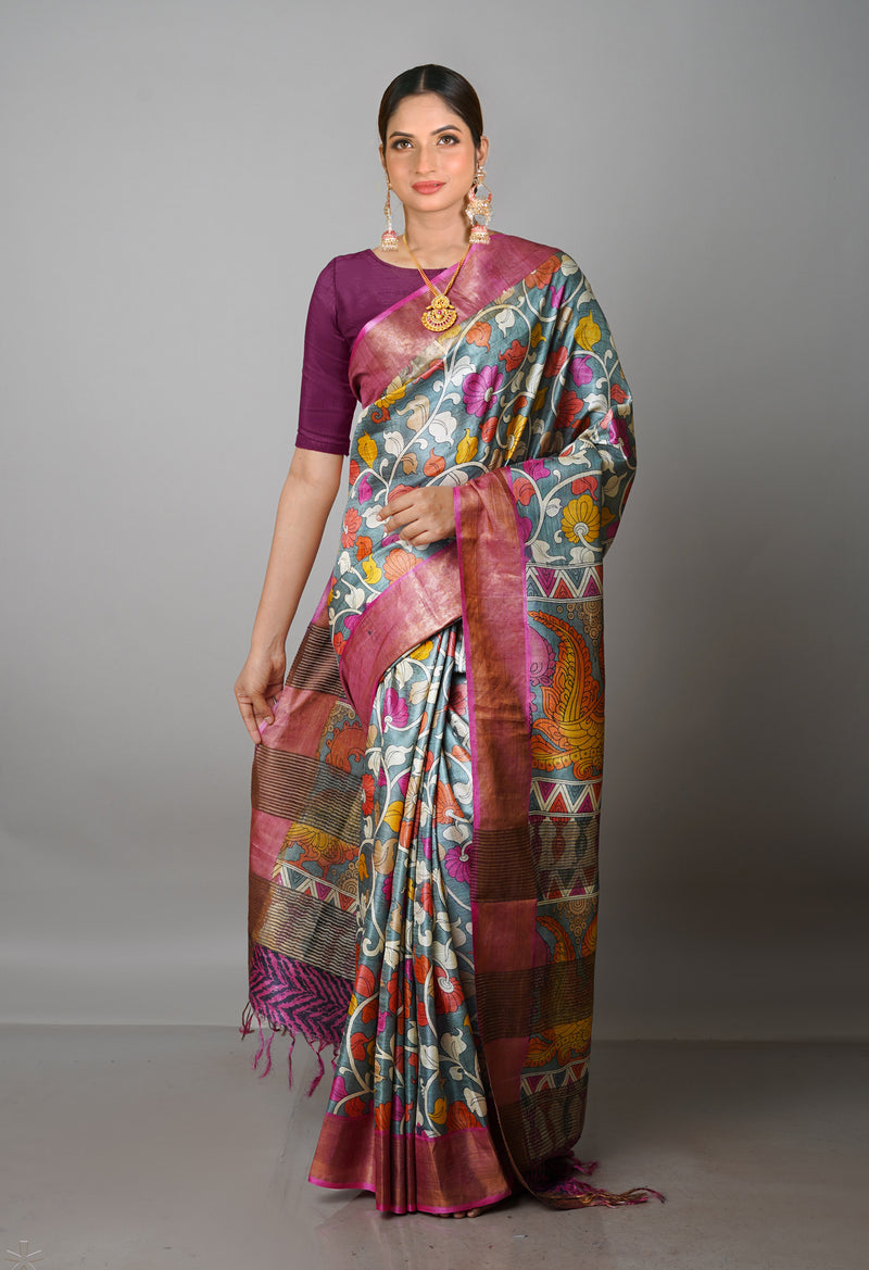 Grey Pure Handloom Bengal Tussar Kalamkari Printed Silk Saree-UNM69881