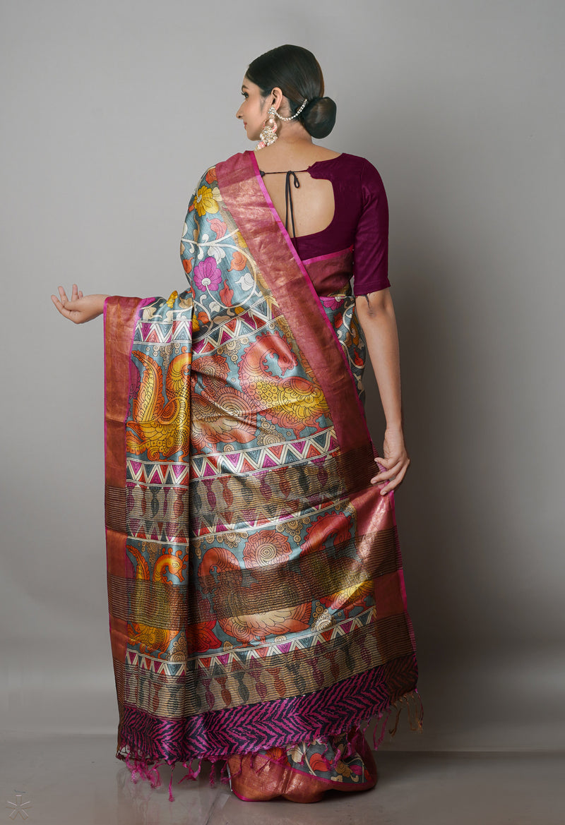 Grey Pure Handloom Bengal Tussar Kalamkari Printed Silk Saree-UNM69881