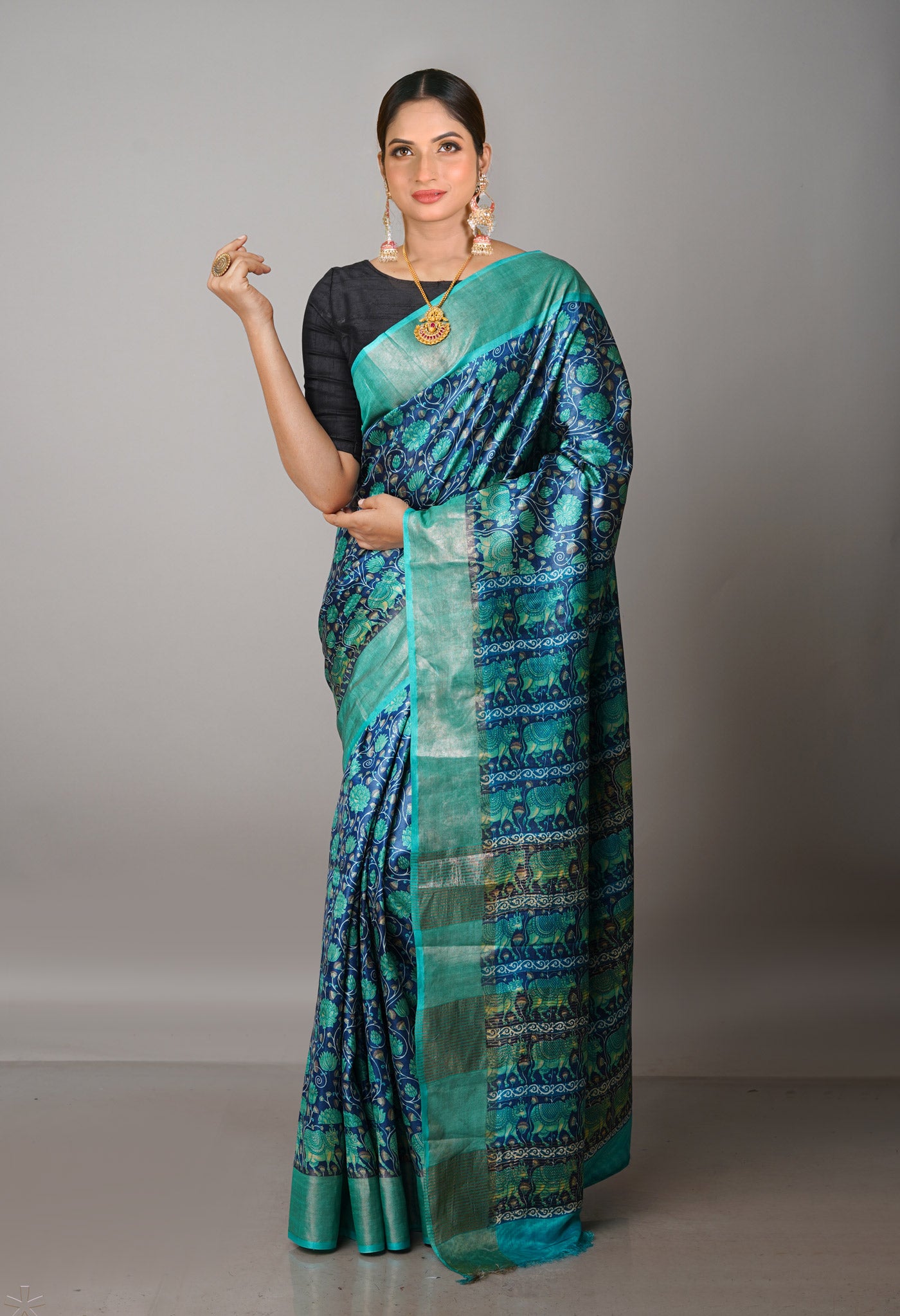 Navy Blue Pure Handloom Bengal Tussar Kalamkari Printed Silk Saree-UNM69883