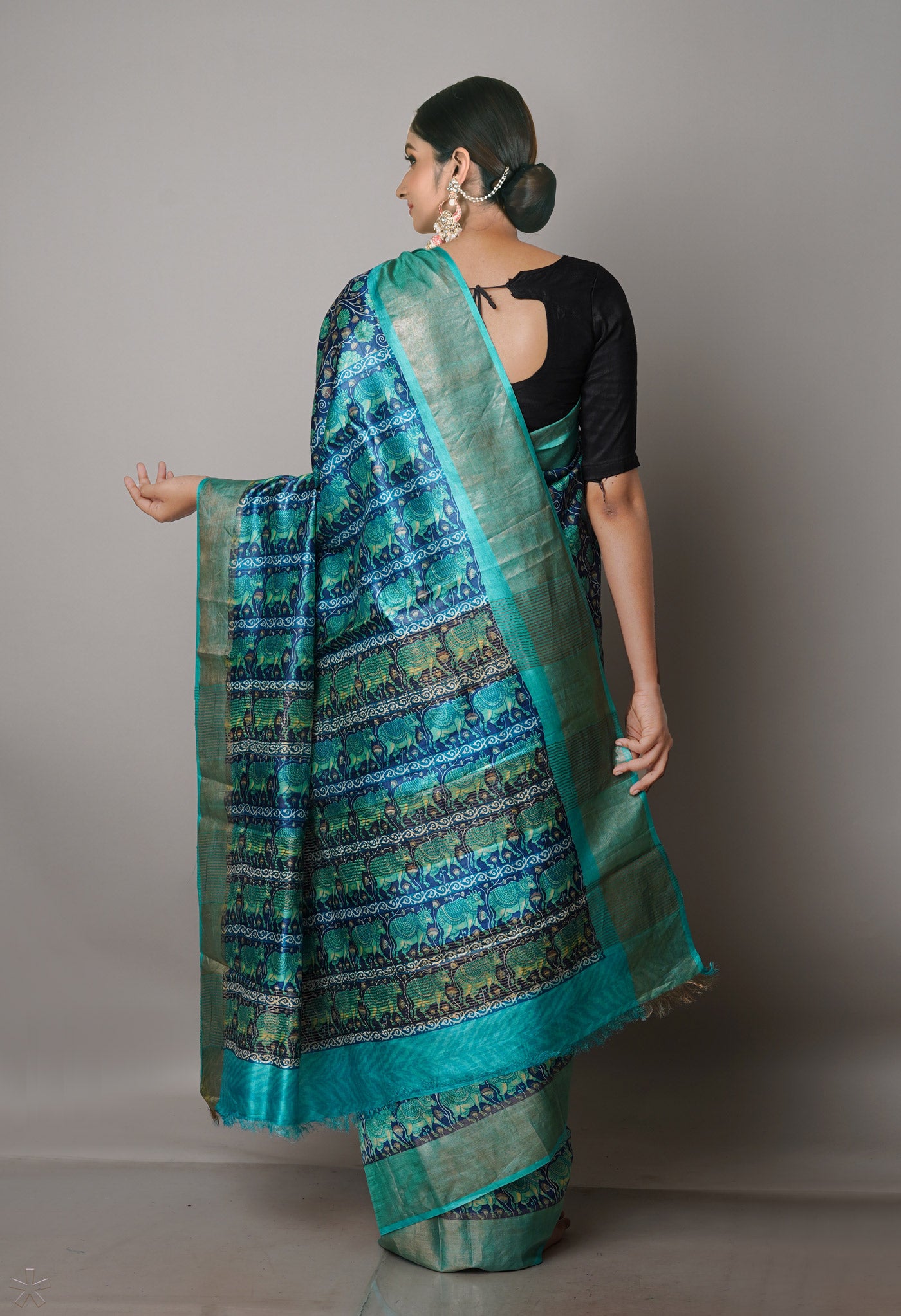 Navy Blue Pure Handloom Bengal Tussar Kalamkari Printed Silk Saree-UNM69883